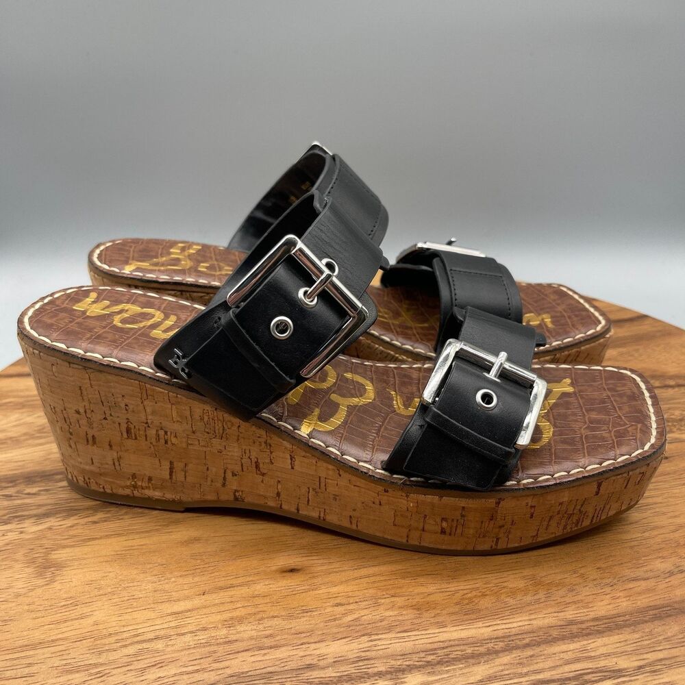 Sam Edelman Anna Sandals Size 9M Cork Platform Wedge Black Double Strap Buckle